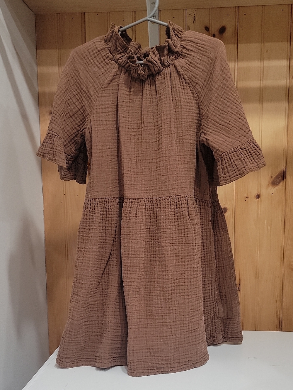 H&M Girls' Textured Ruffle-Neck Brown Dress
